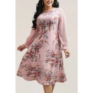 BLOOMCHIC 18-20 2X Plus Pink Floral Spliced Waist Cinched Midi Dress NWT B41